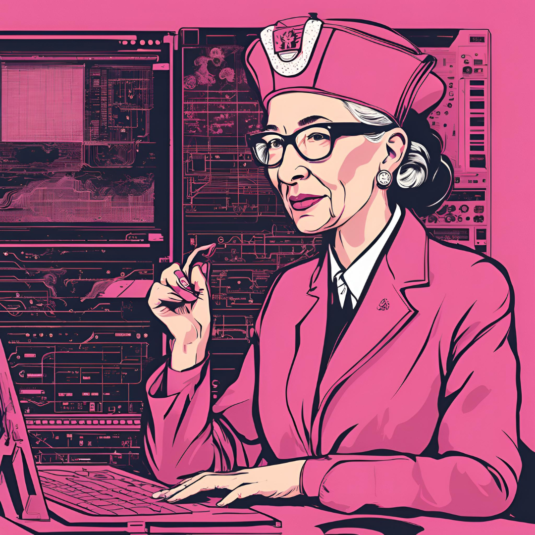 Uma imagem produzida com IA, uma imagem da Hedy, com tons de rosa