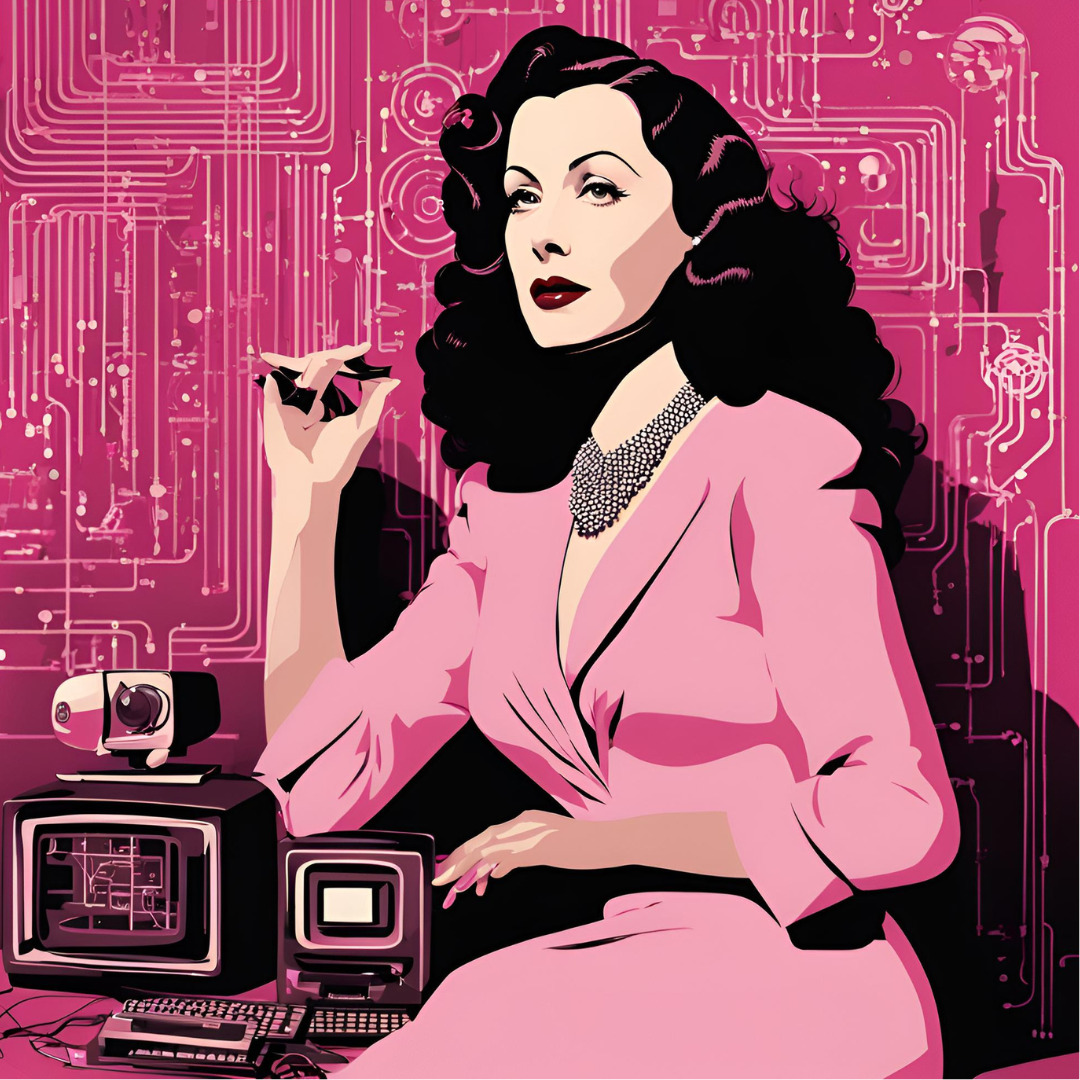 Uma imagem produzida com IA, uma imagem da Hedy, com tons de rosa