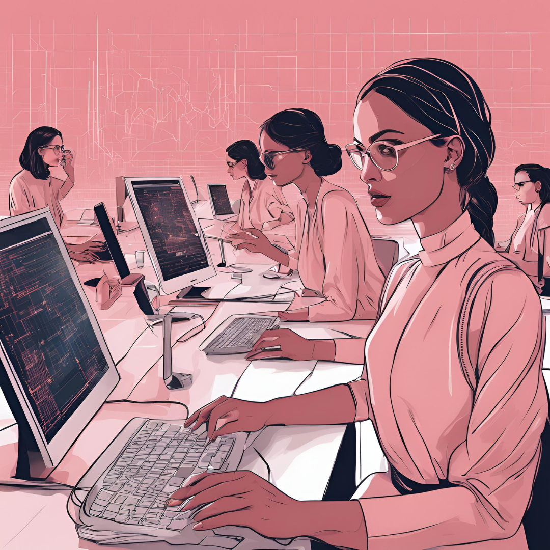 Uma imagem produzida com IA, várias mulheres em tech, com tons de rosa